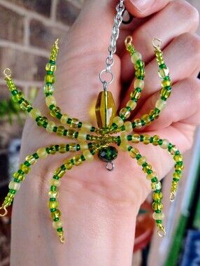 Handmade Green Beaded Spider Pendant Necklace